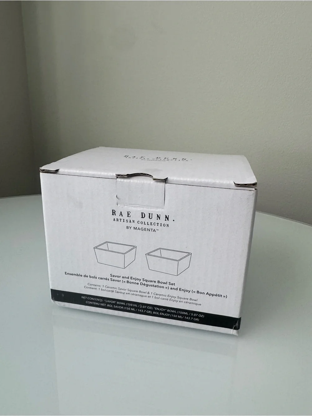 Rae Dunn Green White Ceramic Square Bowl with Black Script Savor Enjoy Boxed Set